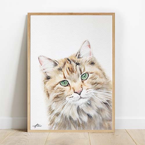 Portret Personalizat de Pisică din Fotografie 100% Pictură Manuală în Acuarelă